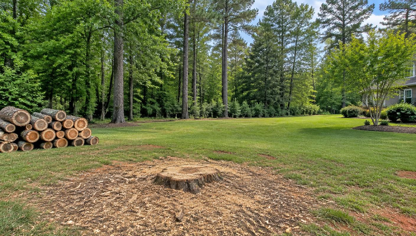 Cut stump, wood chips and stacked hardwood logs in a wooded North Carolina Piedmont yard