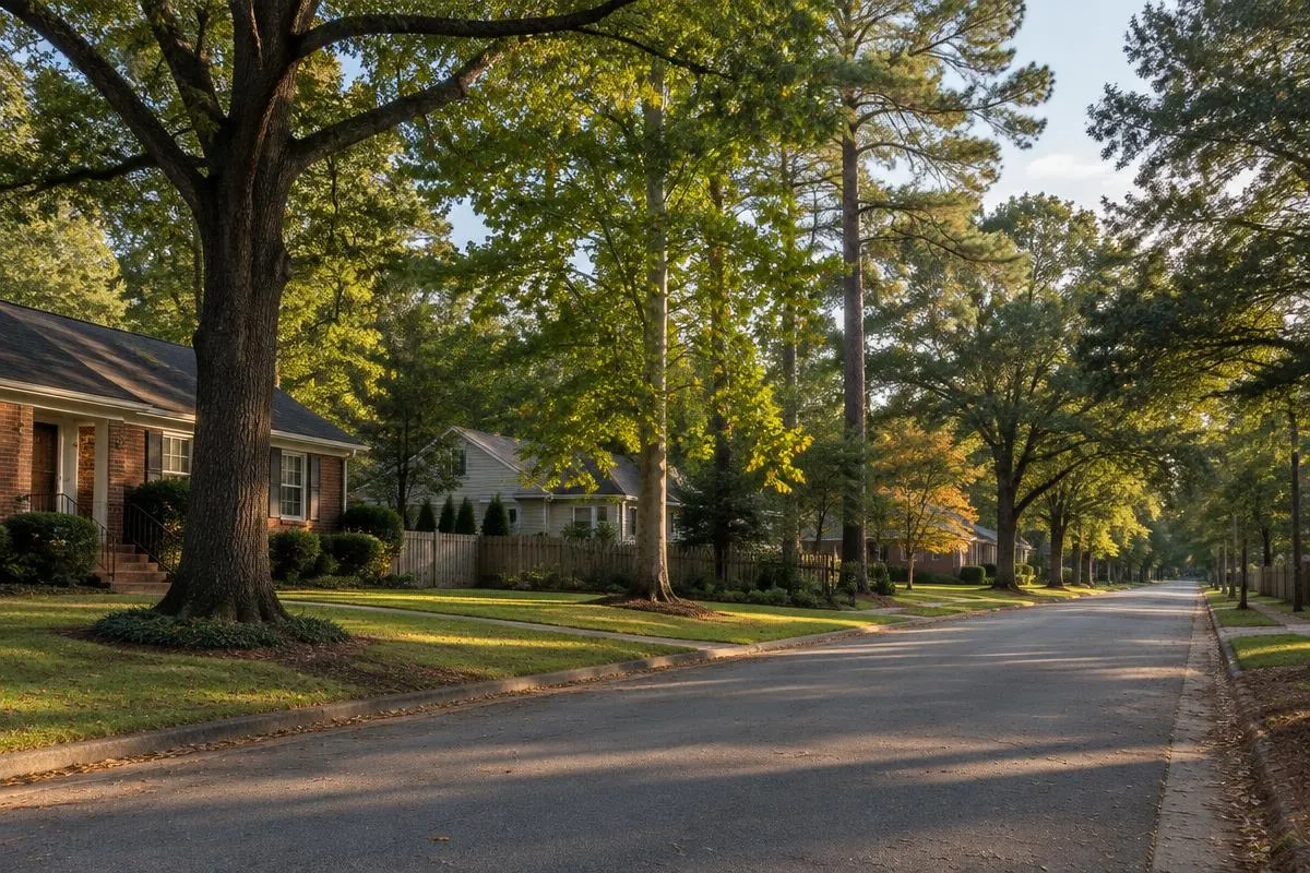 Quiet Charlotte-area street with mature hardwoods and brick and siding homes