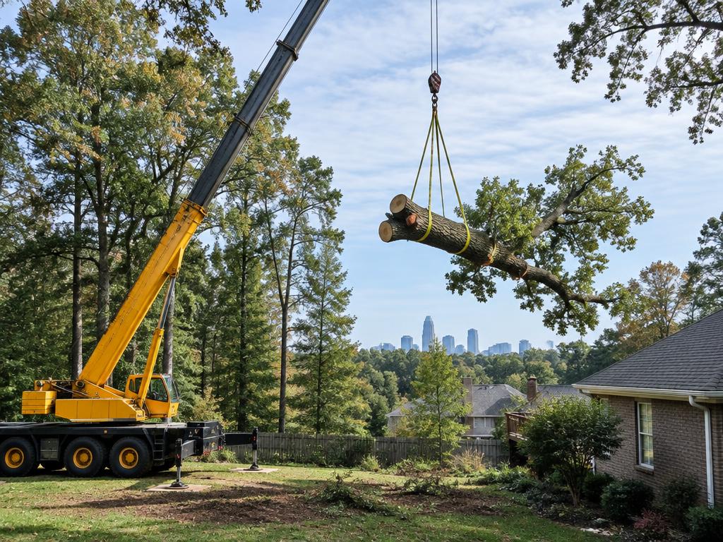 Crane-Assisted Removal equipment and tree work in a Charlotte-area Piedmont yard