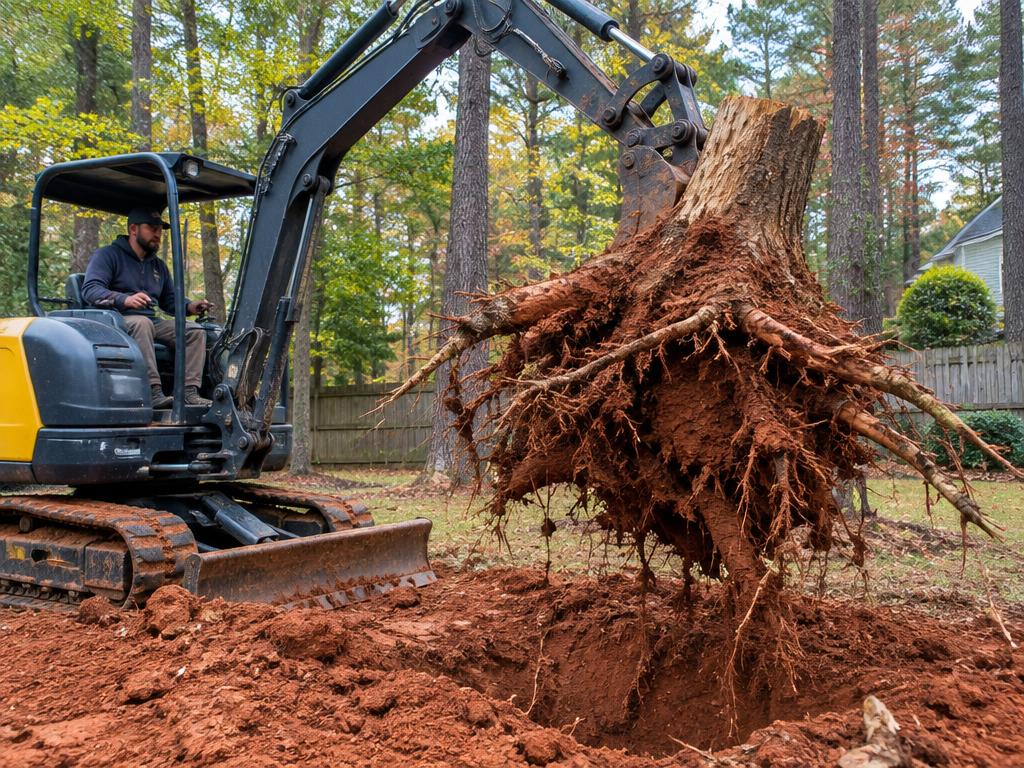 Stump Removal equipment and tree work in a Charlotte-area Piedmont yard