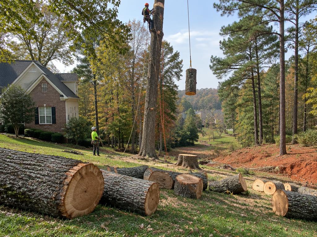 Tree Removal equipment and tree work in a Charlotte-area Piedmont yard
