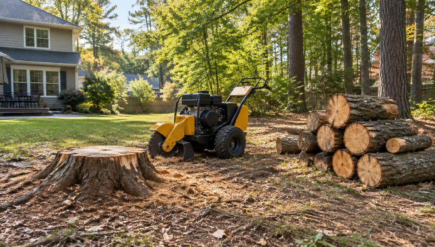 Compact stump grinder beside cut logs in a Charlotte backyard