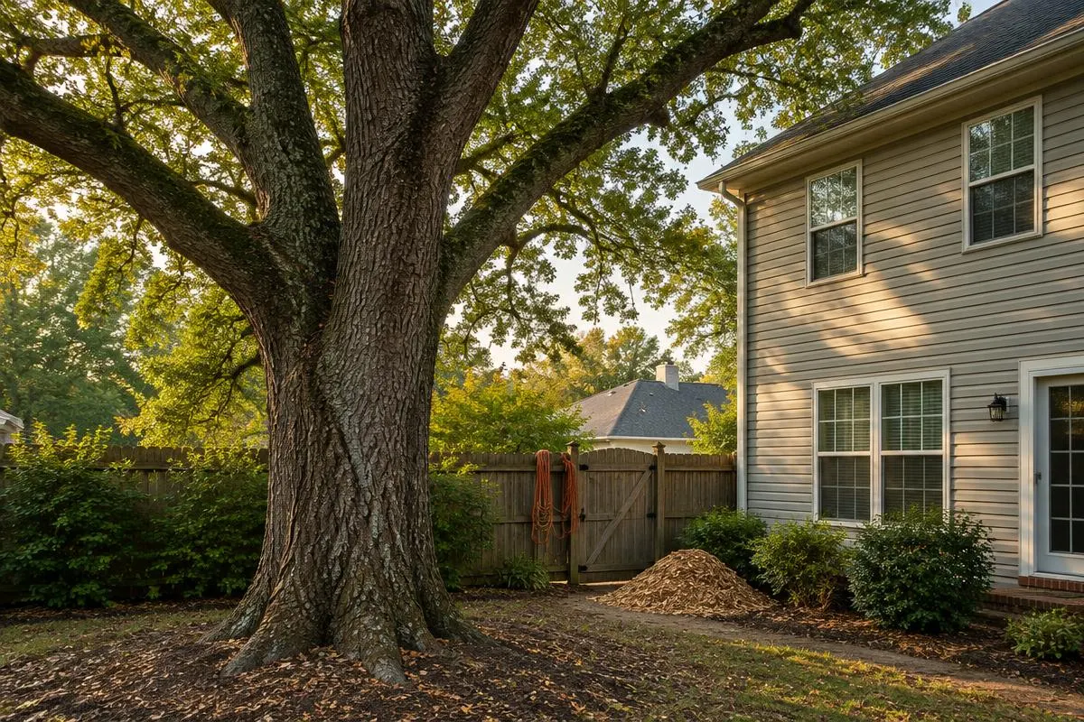 Mature backyard oak beside a two-story house and narrow access gate