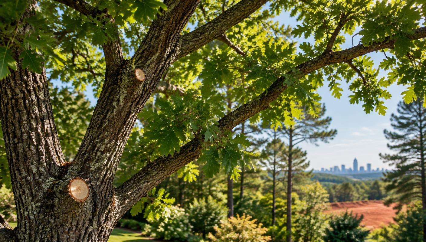Pruned oak canopy in a Charlotte-area tree-lined garden