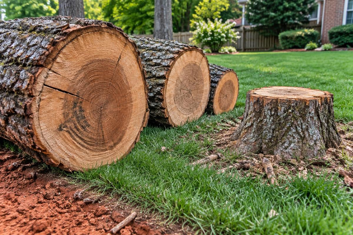 Stump and cut logs awaiting tree-service cleanup in a Piedmont yard