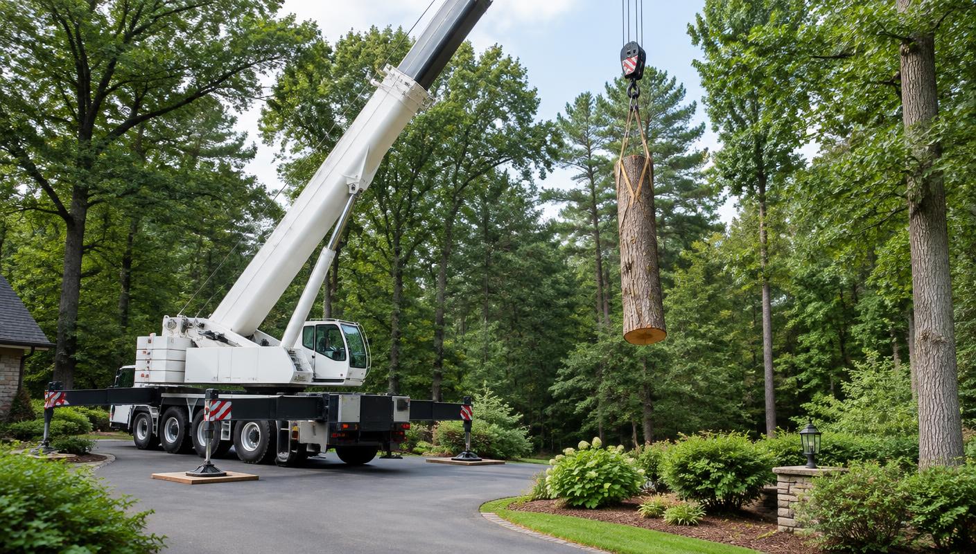 Crane-Assisted Removal on wooded residential property in Charlotte, North Carolina