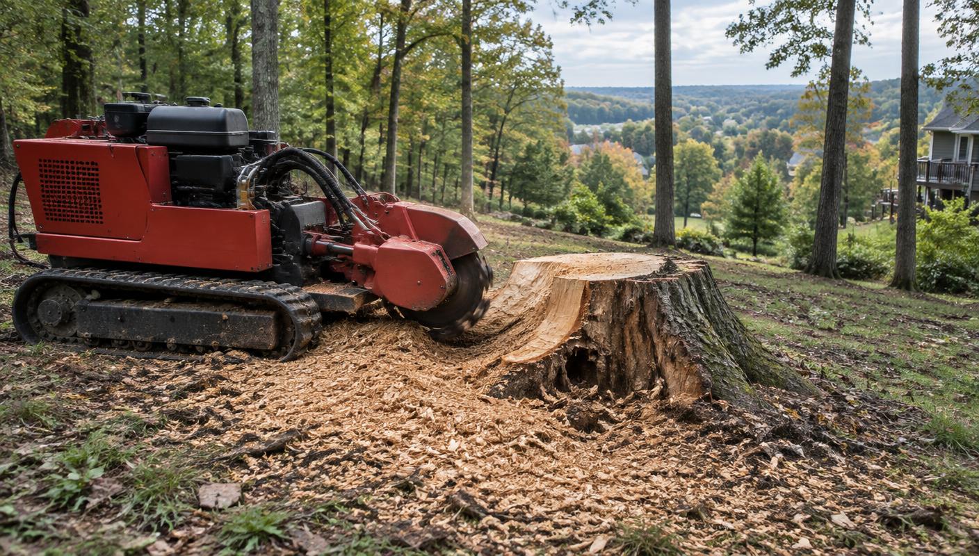 Stump Grinding on wooded residential property in Charlotte, North Carolina