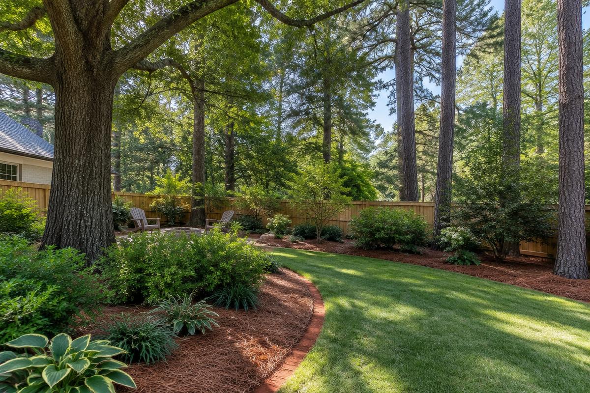 Tree-shaded residential garden in Charlotte, North Carolina