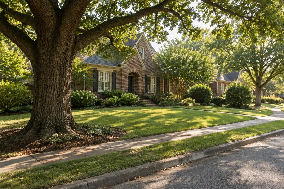 Mature oak beside a Charlotte sidewalk and residential lawn