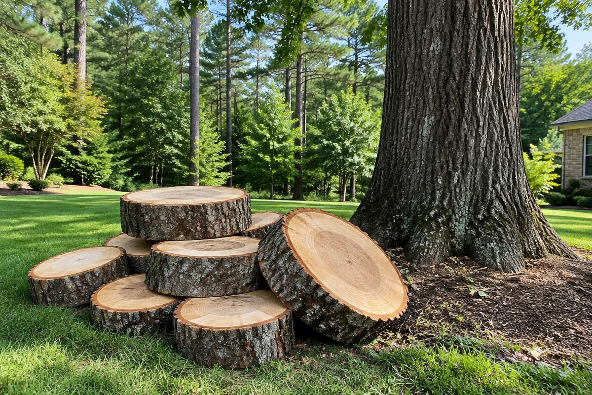 Cut hardwood trunk rounds in a wooded Charlotte-area yard