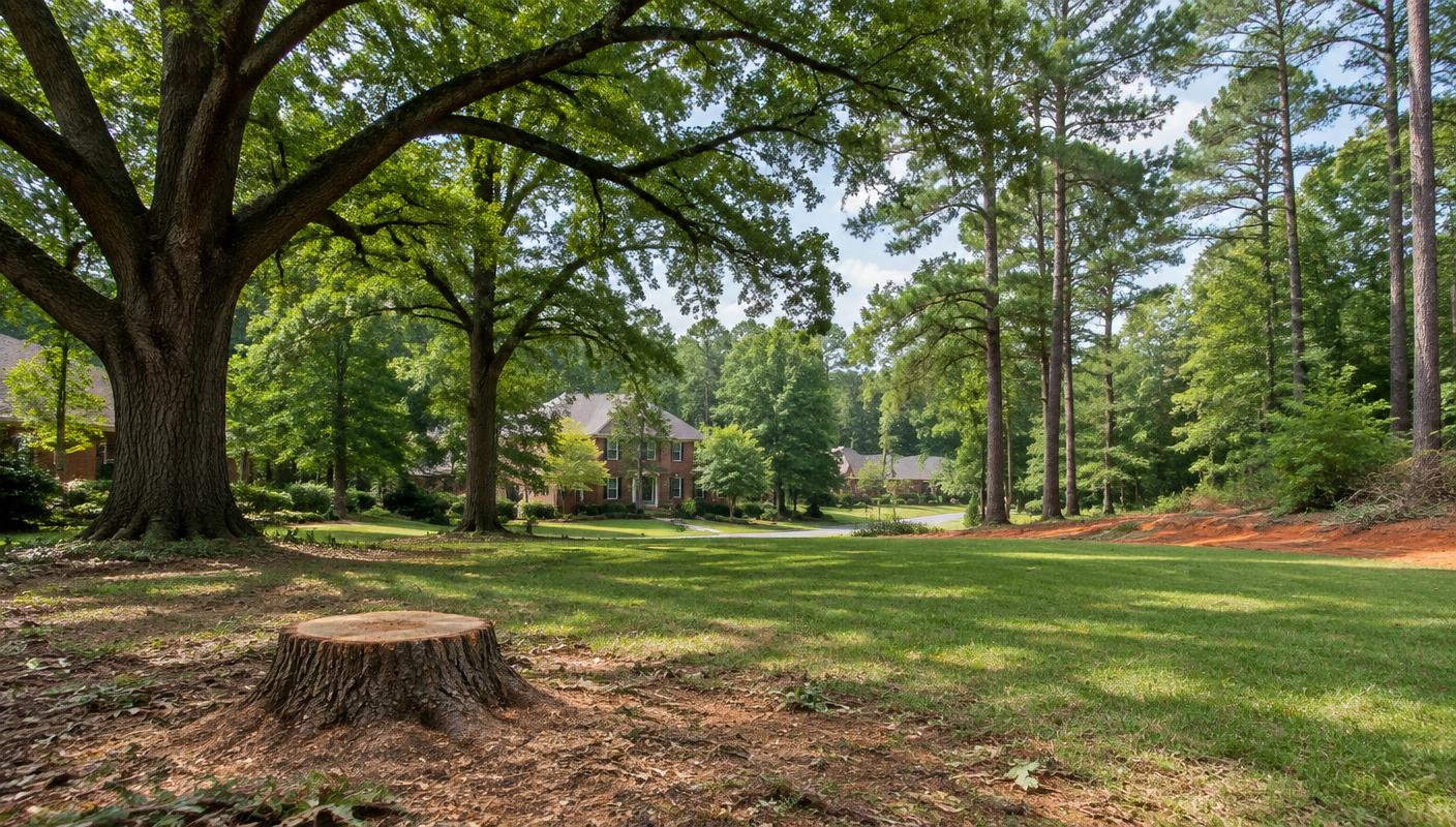 Tree care and stump work in a wooded Charlotte, North Carolina residential yard