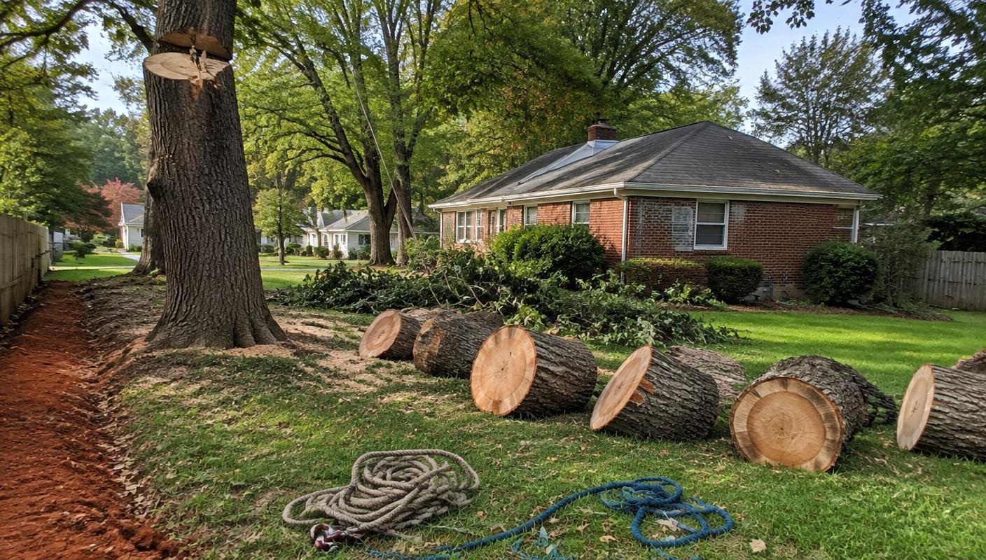 Tree care and stump work in a wooded Concord, North Carolina residential yard