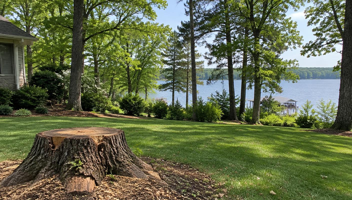 Tree care and stump work in a wooded Cornelius, North Carolina residential yard