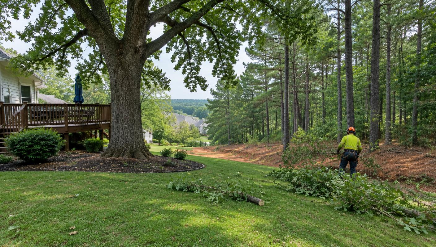 Tree care and stump work in a wooded Huntersville, North Carolina residential yard