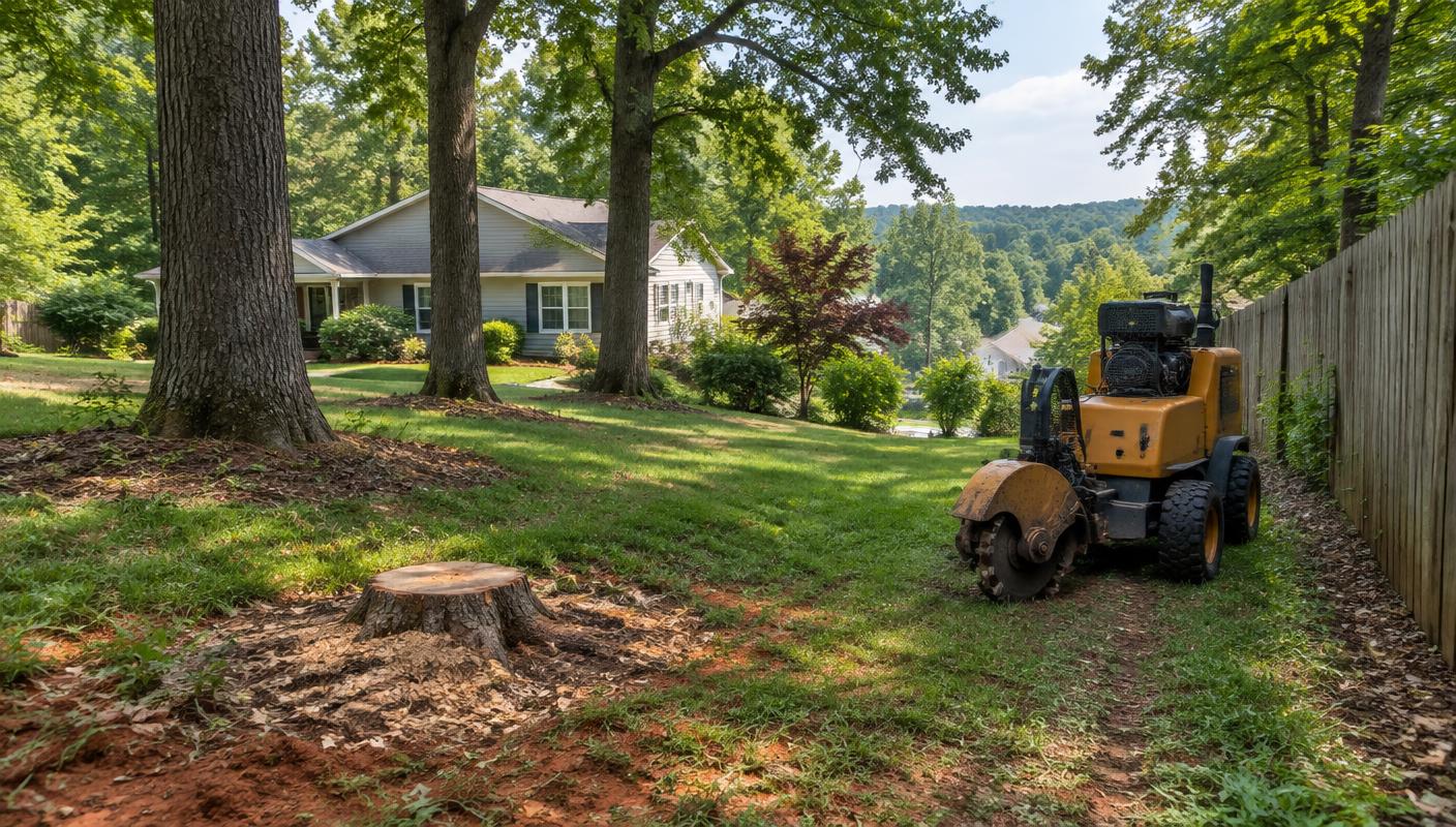 Tree care and stump work in a wooded Matthews, North Carolina residential yard