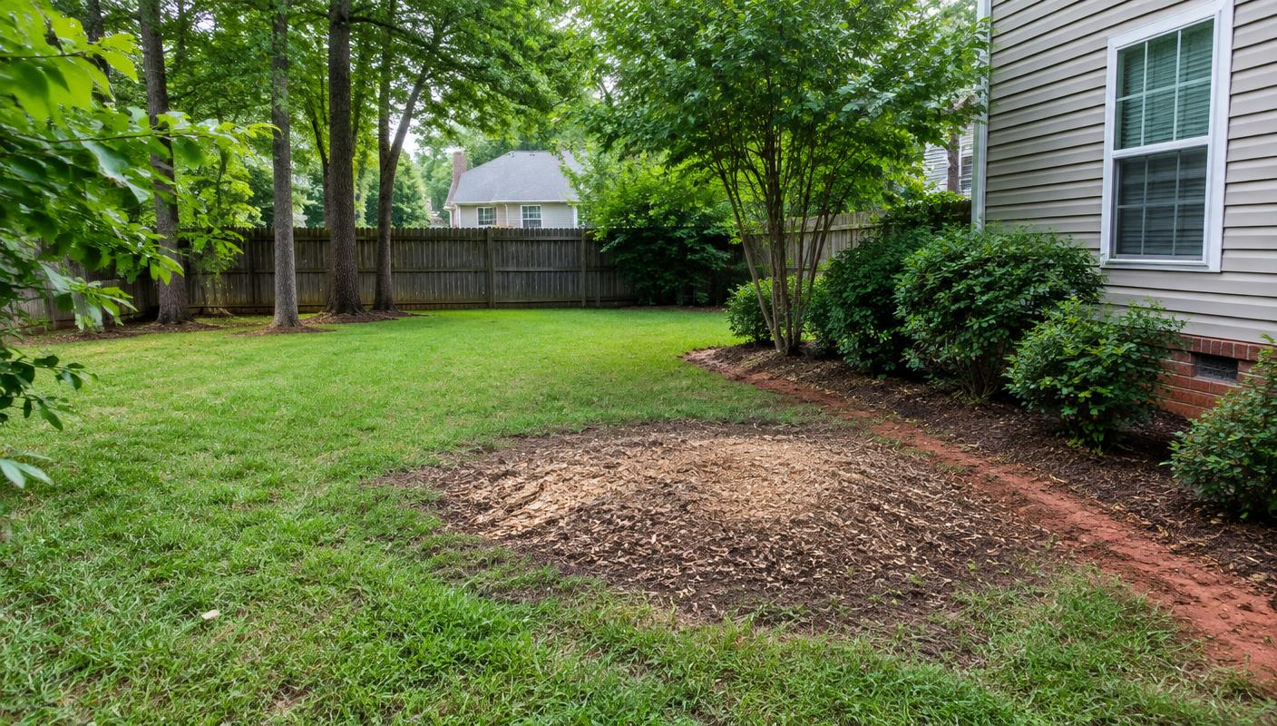 Tree care and stump work in a wooded Pineville, North Carolina residential yard