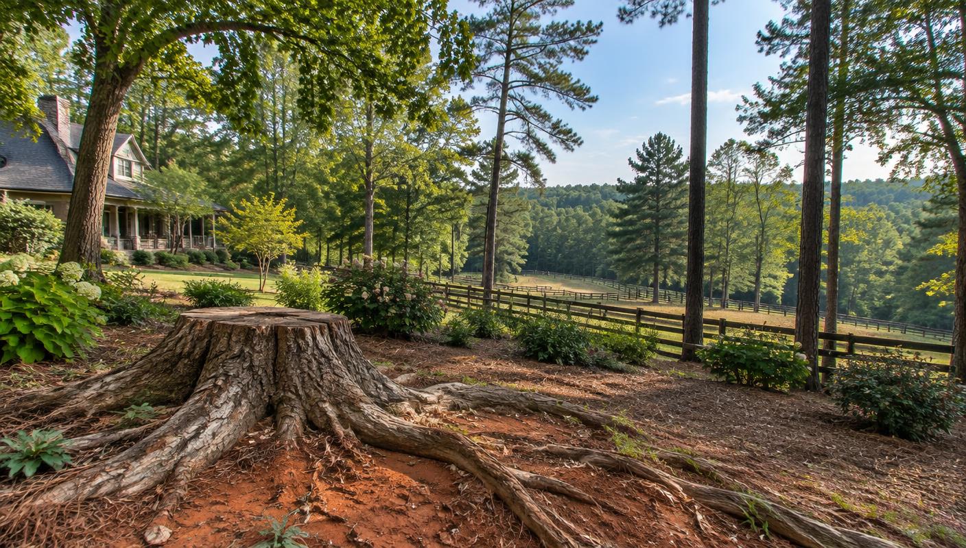 Tree care and stump work in a wooded Waxhaw, North Carolina residential yard